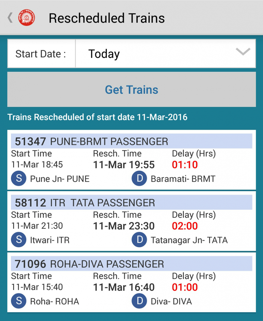 Rescheduled Trains National Train Enquiry System